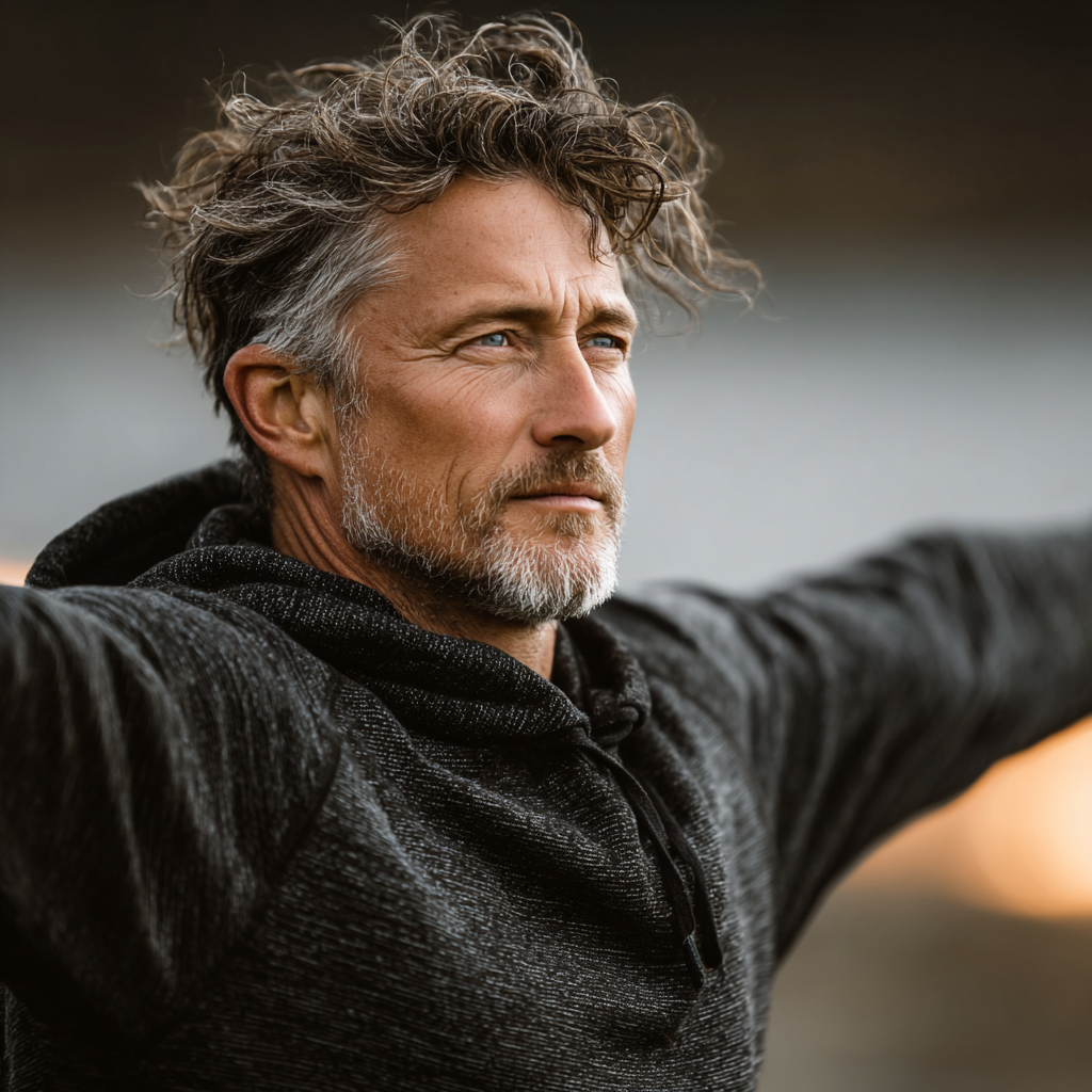 Calm mature man around 50 years old practicing yoga warrior pose in natural outdoor setting with focused concentration and peaceful demeanor