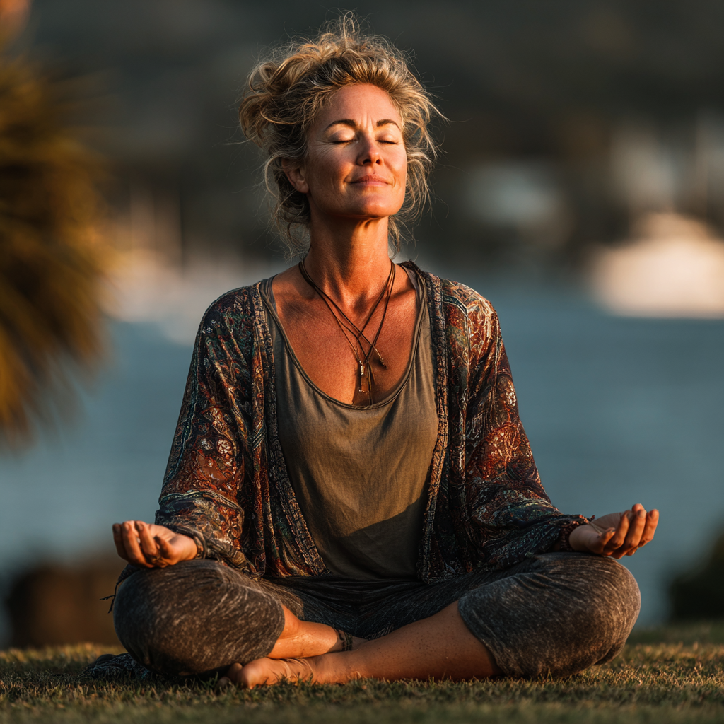 Peaceful middle-aged woman in her late 40s practicing yoga meditation in lotus position outdoors with serene expression and gentle smile