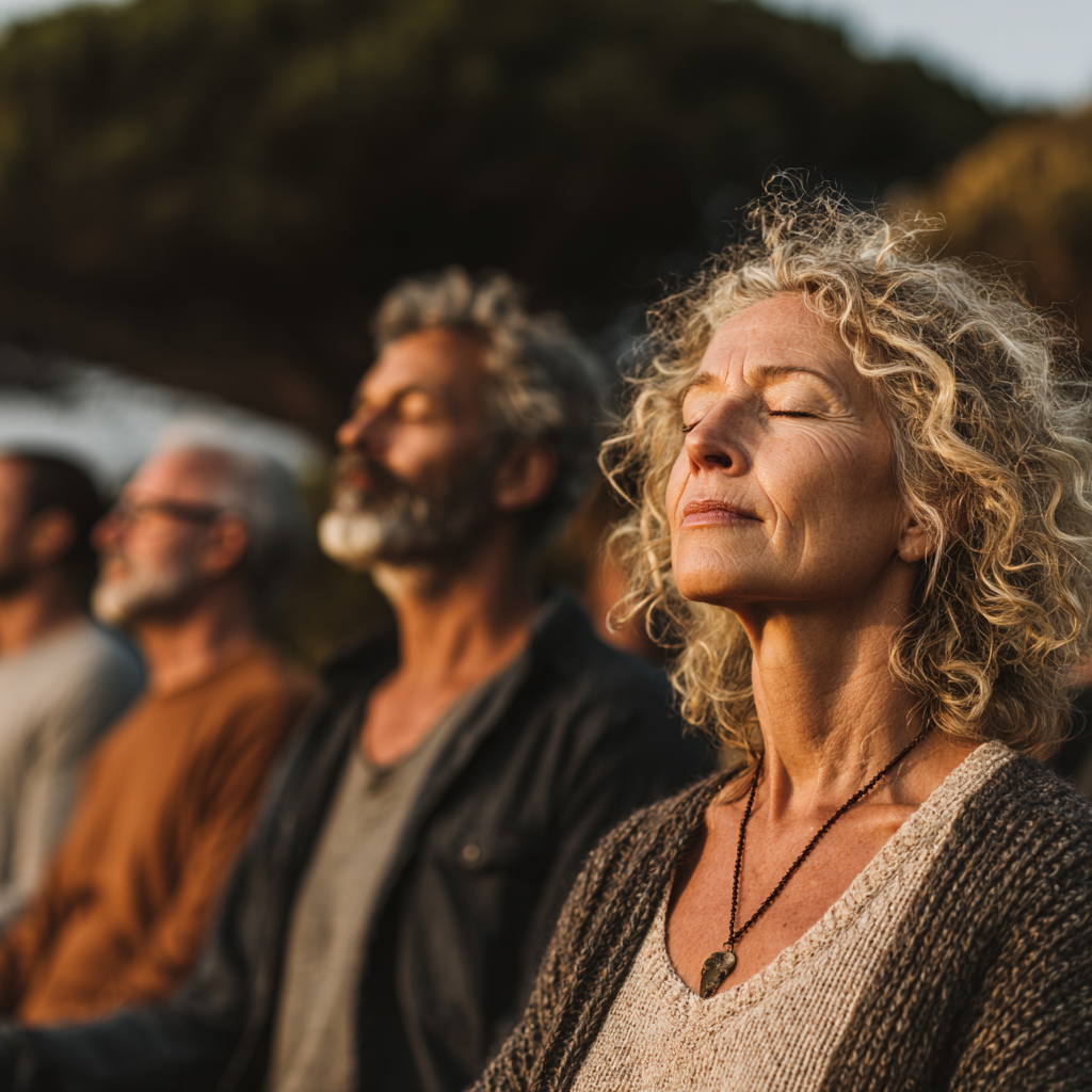 Serene group of middle-aged people aged 45-55 sitting in meditation circle outdoors with peaceful expressions and mindful postures